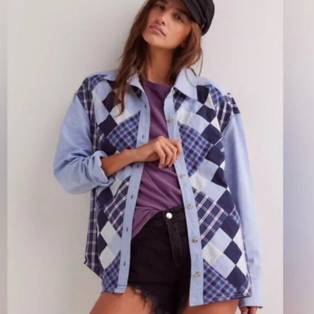 Free people arqyle Plaid blue button down Shirt Xs nwot